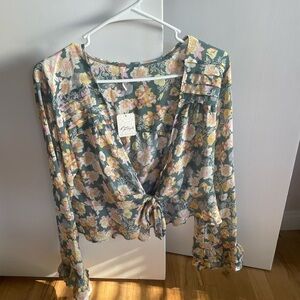 Free People Floral Tie-Front Blouse in Sage, Yellow & Pink